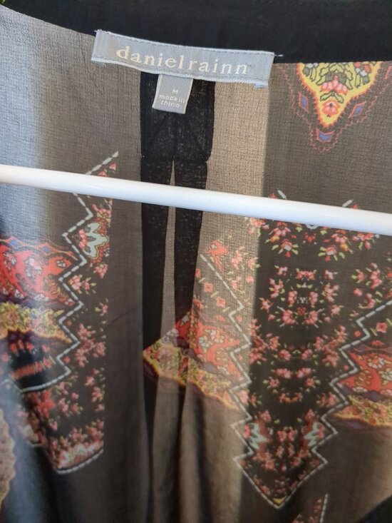 Sheer Black Partial Button Blouse / Tunic with colors of red / yellow /cream / - Picture 13 of 16